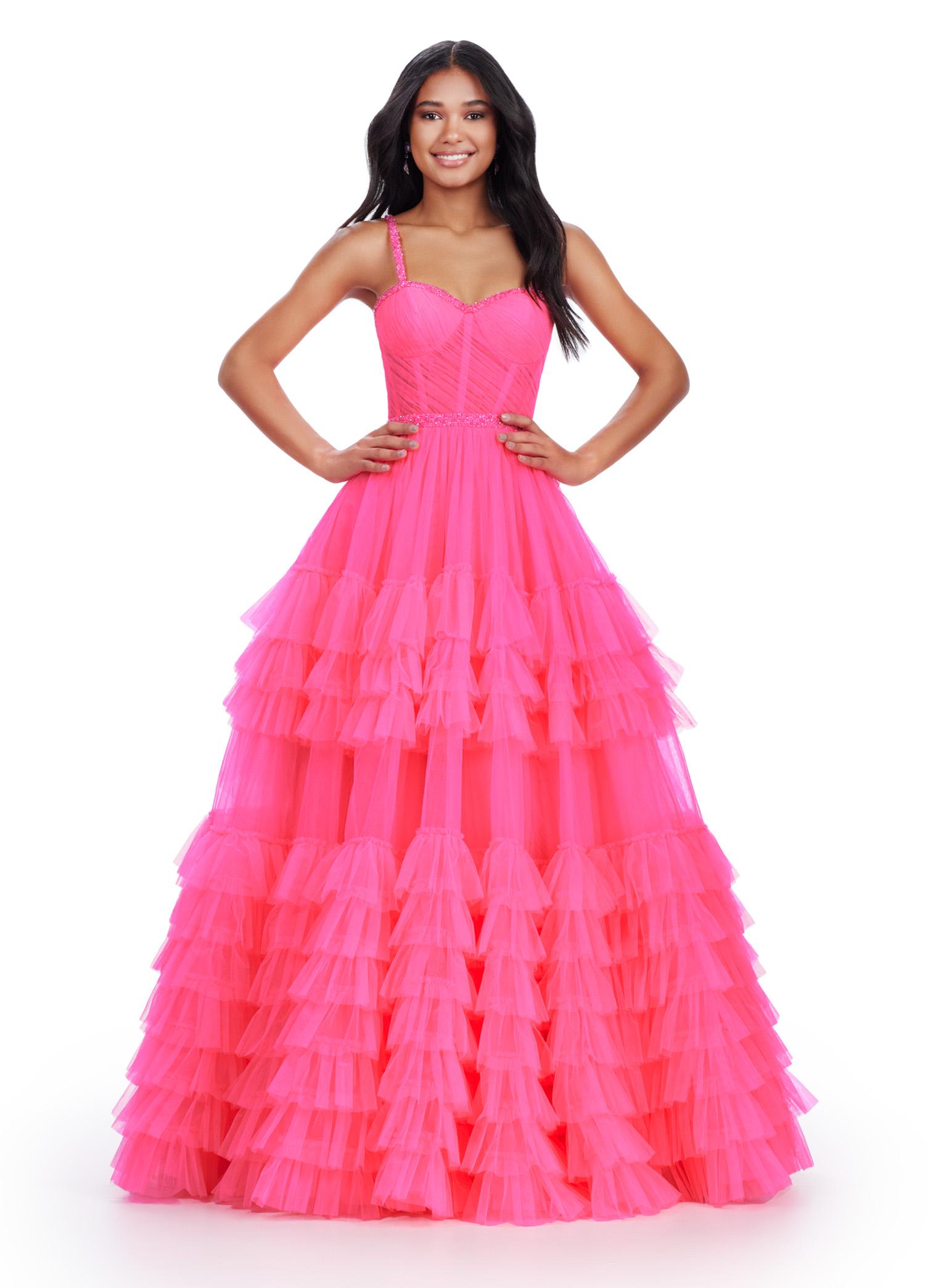 Pink ASHLEYlauren 11603 Spaghetti Strap Tulle Ball Gown with Tiered Skirt, Beaded Waist and Strap Accents, and Corset Bustier