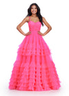 Pink ASHLEYlauren 11603 Spaghetti Strap Tulle Ball Gown with Tiered Skirt, Beaded Waist and Strap Accents, and Corset Bustier