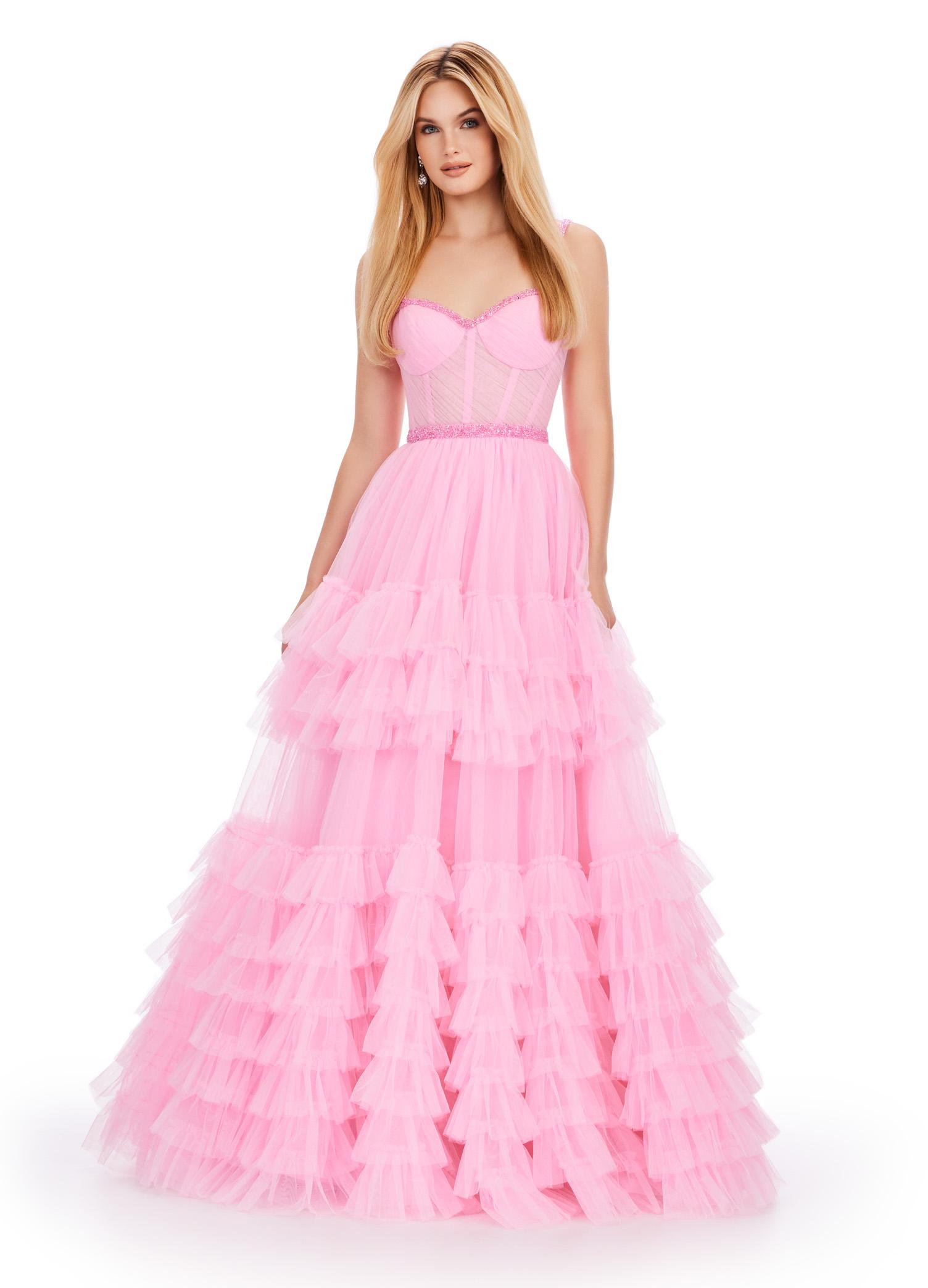 Pink ASHLEYlauren 11603 Spaghetti Strap Tulle Ball Gown with Tiered Skirt, Beaded Waist and Strap Accents, and Corset Bustier