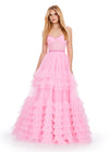 Pink ASHLEYlauren 11603 Spaghetti Strap Tulle Ball Gown with Tiered Skirt, Beaded Waist and Strap Accents, and Corset Bustier