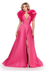 Pink ASHLEYlauren 11610 A-Line Mikado Gown with Deep V-Neckline, V-Back, Dramatic Ruffle Sleeves, and Skirt Slit