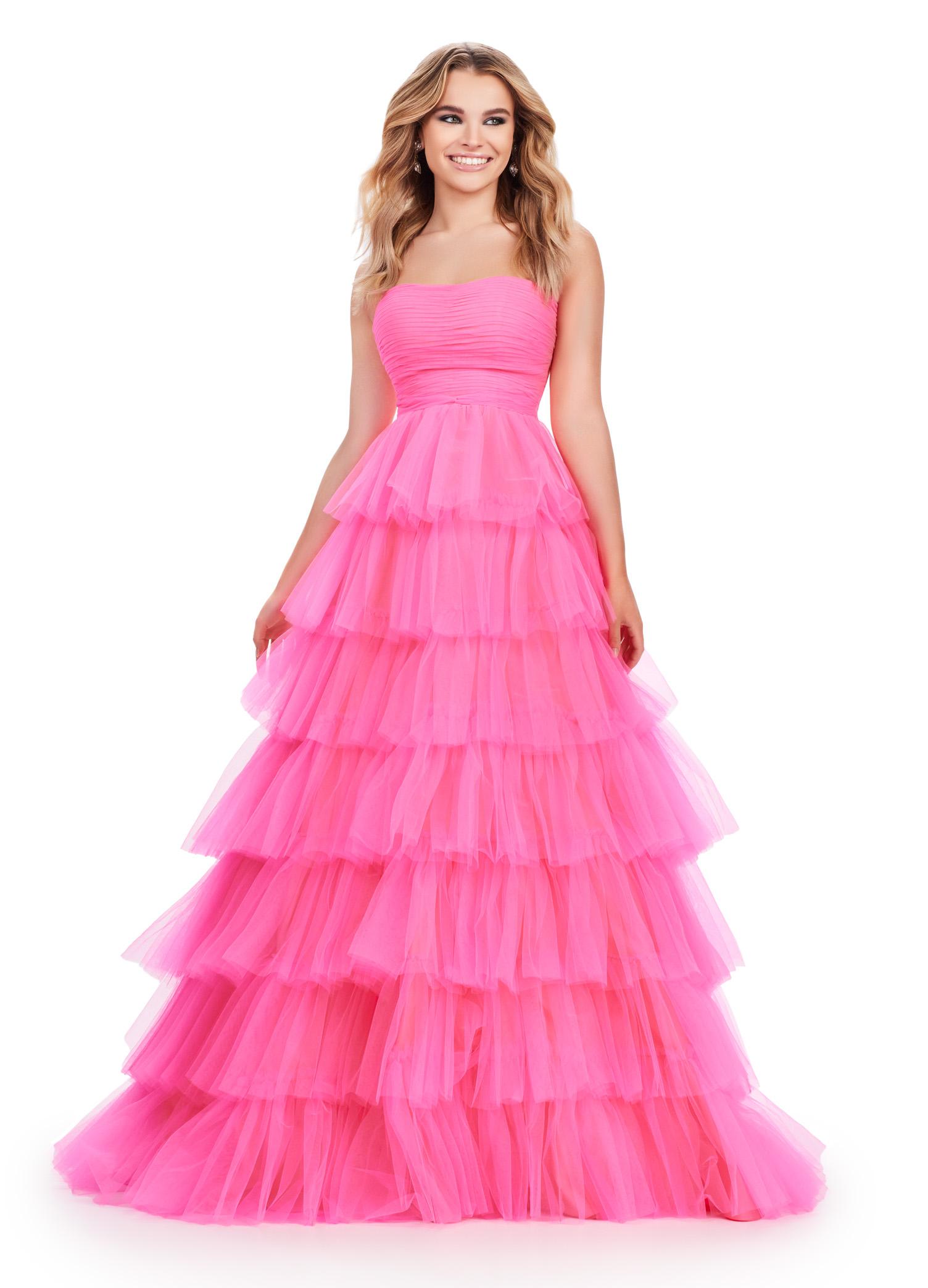 Pink ASHLEYlauren 11621 Strapless Tulle Ball Gown with Ruched Bustier and Layered Multi-Tiered Skirt