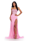 Pink ASHLEYlauren 11648 Strapless Fully Beaded Gown with Illusion Corset Bustier, Ruched Hip Detail, and Left Leg Slit