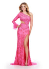 Pink ASHLEYlauren 11649 One Shoulder Fully Beaded Gown with Intricate Beading, Side Cut Out, Feather Cuff Detail, Left Leg Slit, and Sweep Train