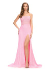 Pink ASHLEYlauren 11659 fully beaded gown featuring a strapless corset bustier, asymmetrical waistline to accentuate curves, fitted silhouette, left leg slit, and horsehair trim for an elegant and glamorous look.