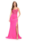 Pink ASHLEYlauren 11664 fitted jersey gown featuring a fully beaded corset bustier, spaghetti straps, lace-up back, ruched waist detailing, and a left leg slit for a sleek and glamorous look.