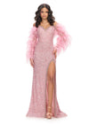 Pink ASHLEYlauren 11667 fully hand-beaded gown featuring a sweetheart neckline, off shoulder feather-adorned sleeves, crystal-trimmed bustier and left leg slit for a glamorous and luxurious look.