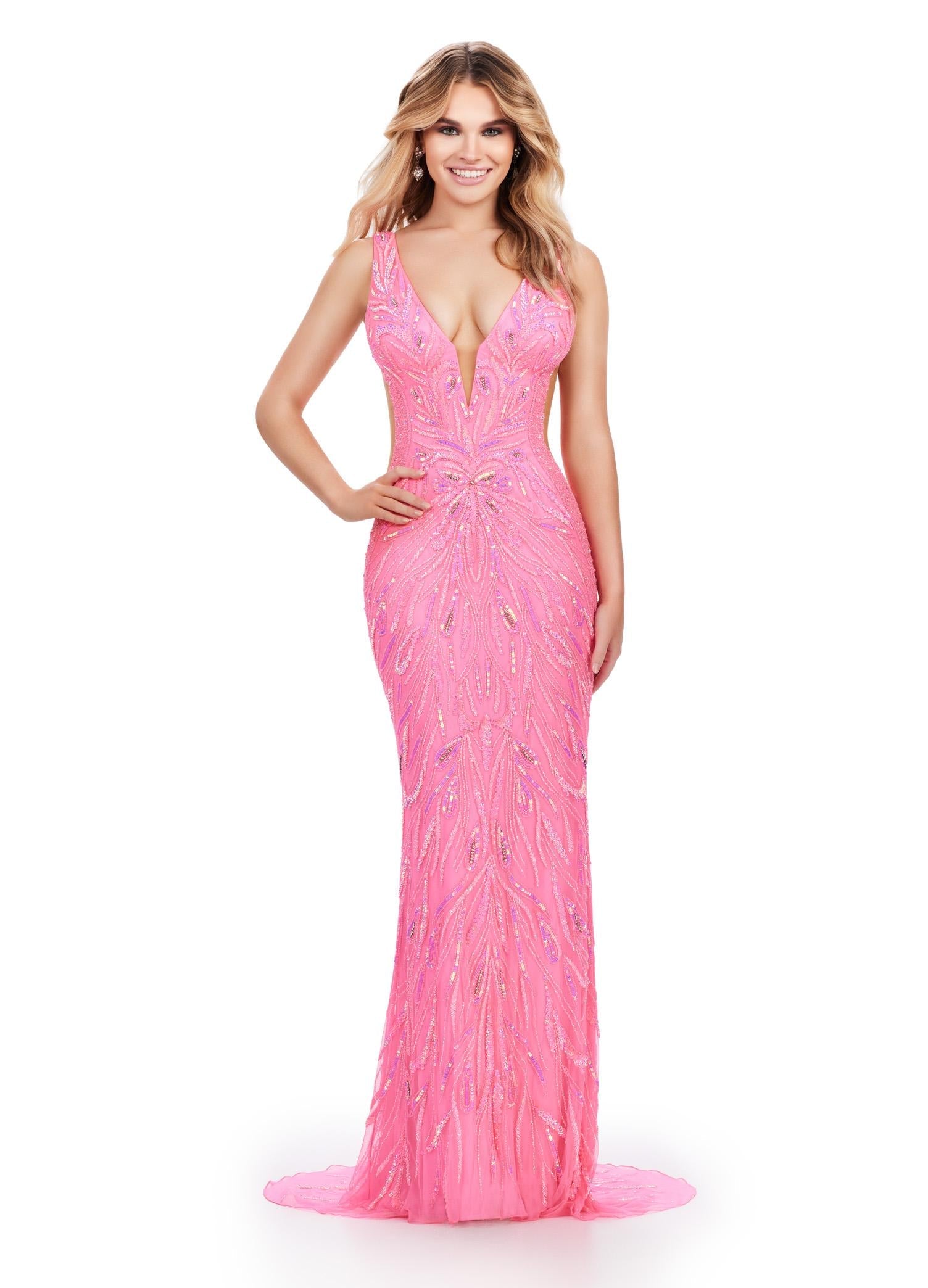 Pink ASHLEYlauren 11669 Fully Beaded Gown with Illusion V-Neckline, Sheer Side Cut Outs, Low V-Back, and Fitted Silhouette