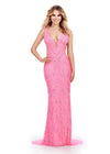 Pink ASHLEYlauren 11669 Fully Beaded Gown with Illusion V-Neckline, Sheer Side Cut Outs, Low V-Back, and Fitted Silhouette