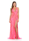 Pink ASHLEYlauren 11670 Intricately Beaded Gown with Deep V-Neckline, Sheer Side Cut Outs, Open V-Back, and Left Leg Slit