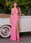 Pink ASHLEYlauren 11670 Intricately Beaded Gown with Deep V-Neckline, Sheer Side Cut Outs, Open V-Back, and Left Leg Slit