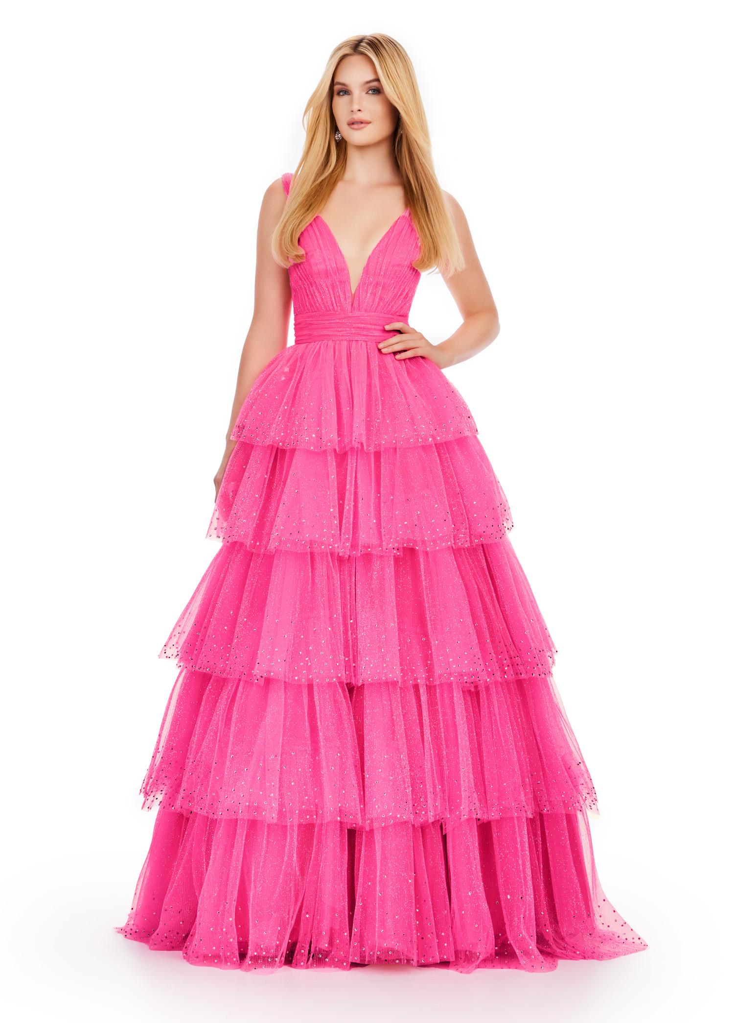 Pink ASHLEYlauren 11672 Sparkling Glitter Tulle Ball Gown with V-Neckline, V-Back, Heat-Set Stones, and Voluminous Multi-Tiered Ruffle Skirt