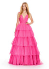 Pink ASHLEYlauren 11672 Sparkling Glitter Tulle Ball Gown with V-Neckline, V-Back, Heat-Set Stones, and Voluminous Multi-Tiered Ruffle Skirt