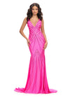 Pink ASHLEYlauren 11693 fitted jersey gown featuring a V-neckline, open back, and press-on stone embellishments for a sleek, glamorous, and timeless look.