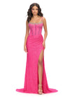 Pink ASHLEYlauren 11711 elegant gown featuring a fully hand-beaded bodice, spaghetti straps, corset bustier, illusion neckline, and a left leg slit for a glamorous and sophisticated look.