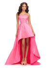 Pink ASHLEYlauren 11734 elegant satin high-low gown featuring a strapless neckline, floral press-on stone design, and a dramatic silhouette for a modern and glamorous look.
