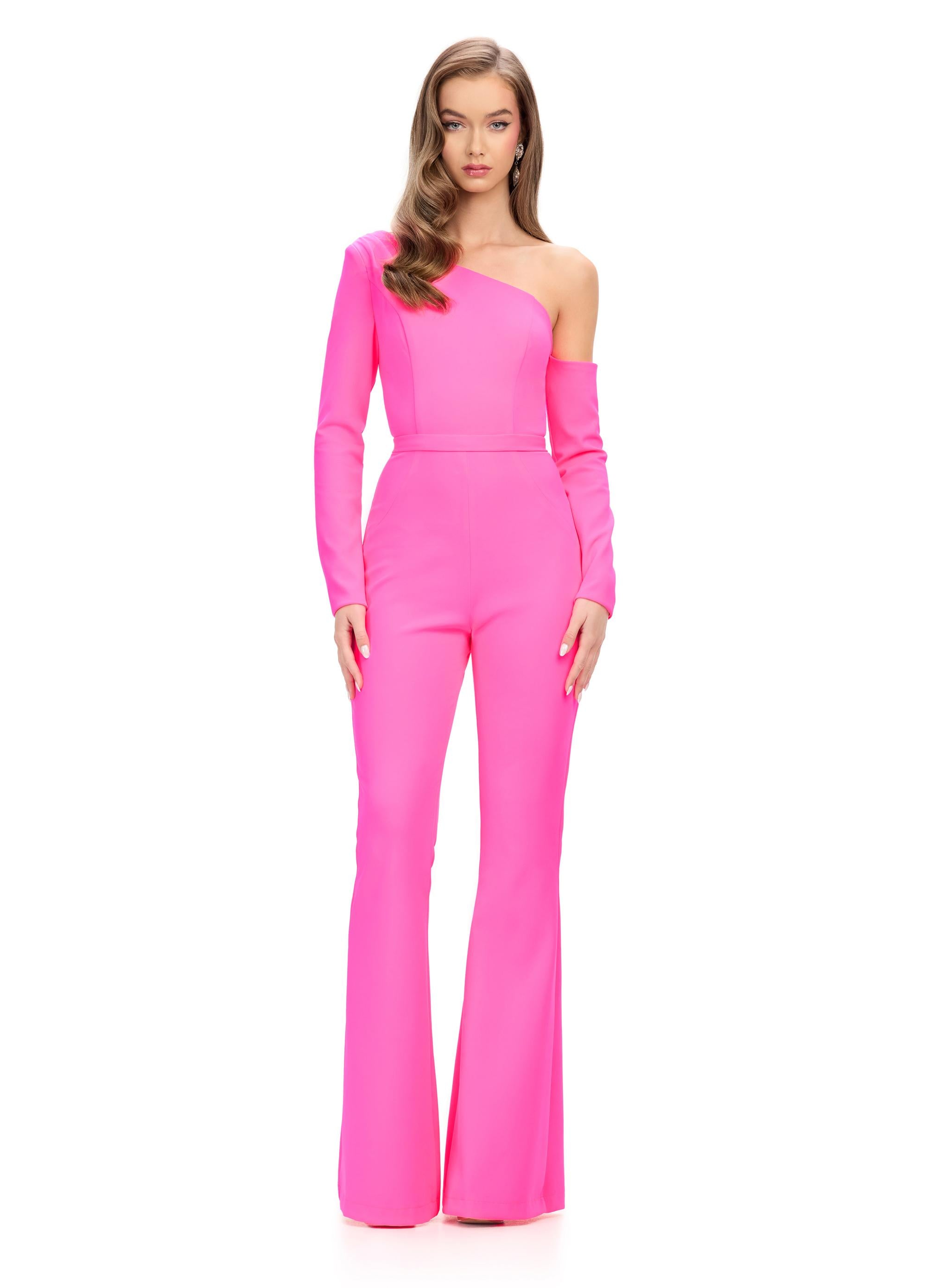 Pink ASHLEYlauren 11763 Statement One Shoulder Scuba Jumpsuit with Asymmetric Off the Shoulder Sleeve