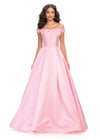 Pink ASHLEYlauren 11771 elegant Mikado A-line ball gown featuring an off shoulder neckline, unique floral detailing, and a full ball gown skirt for a romantic and sophisticated look.