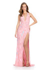 Pink ASHLEYlauren 11788 Fully Beaded Gown with Halter Neckline, Open Back, and Left Leg Slit