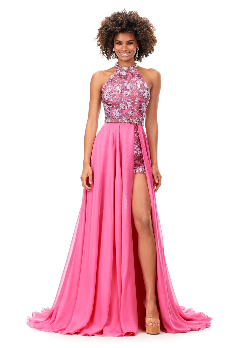 Pink ASHLEYlauren 13354 hand-beaded romper featuring an intricate floral motif, halter neckline, beaded belt, and a detachable chiffon overskirt for a glamorous and versatile look.
