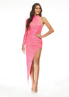 Pink ASHLEYlauren 1975 stylish beaded dress featuring a high neckline, one sleeve, and an asymmetrical hemline for a bold and head-turning look.