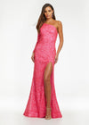 Pink ASHLEYlauren 1977 fitted hand-beaded dress featuring a one shoulder long sleeve, left leg slit, and a horsehair hem for an elegant and sophisticated look.