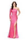 Pink ASHLEYlauren 1977 fitted hand-beaded dress featuring a one shoulder long sleeve, left leg slit, and a horsehair hem for an elegant and sophisticated look.