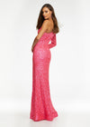 Pink ASHLEYlauren 1977 fitted hand-beaded dress featuring a one shoulder long sleeve, left leg slit, and a horsehair hem for an elegant and sophisticated look. Back