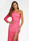 Pink ASHLEYlauren 1977 fitted hand-beaded dress featuring a one shoulder long sleeve, left leg slit, and a horsehair hem for an elegant and sophisticated look.