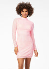 Pink ASHLEYlauren 4252 fully beaded cocktail dress featuring long sleeves, a modern high neckline, fitted silhouette, and a sexy open back for a striking evening look.