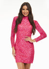 Pink ASHLEYlauren 4252 fully beaded cocktail dress featuring long sleeves, a modern high neckline, fitted silhouette, and a sexy open back for a striking evening look.