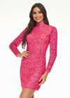 Pink ASHLEYlauren 4252 fully beaded cocktail dress featuring long sleeves, a modern high neckline, fitted silhouette, and a sexy open back for a striking evening look.