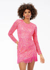 ASHLEYlauren 4438 – A sassy and classy fully hand-beaded long sleeve cocktail dress featuring a fitted skirt with fringe detail along the left leg slit and hemline. Perfect for making a bold, elegant statement at any event.