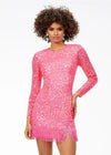 ASHLEYlauren 4438 – A sassy and classy fully hand-beaded long sleeve cocktail dress featuring a fitted skirt with fringe detail along the left leg slit and hemline. Perfect for making a bold, elegant statement at any event.