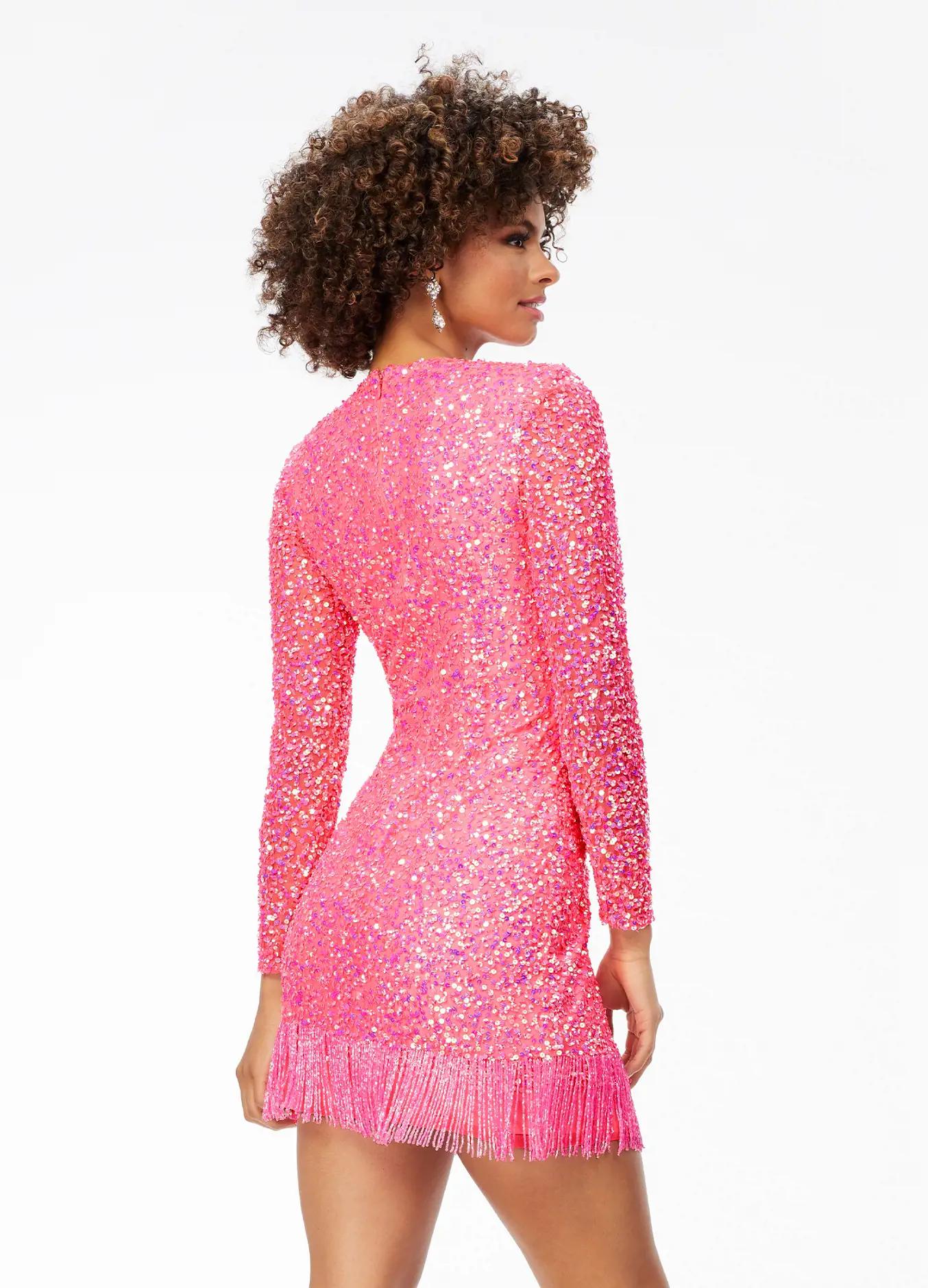 Back - ASHLEYlauren 4438 – A sassy and classy fully hand-beaded long sleeve cocktail dress featuring a fitted skirt with fringe detail along the left leg slit and hemline. Perfect for making a bold, elegant statement at any event.