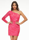 Pink ASHLEYlauren 4457 fully hand-beaded cocktail dress featuring a one shoulder sleeve and a fitted skirt for a sleek and glamorous silhouette.
