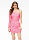 Pink ASHLEYlauren 4457 fully hand-beaded cocktail dress featuring a one shoulder sleeve and a fitted skirt for a sleek and glamorous silhouette.