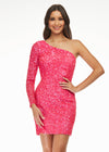 Pink ASHLEYlauren 4457 fully hand-beaded cocktail dress featuring a one shoulder sleeve and a fitted skirt for a sleek and glamorous silhouette.