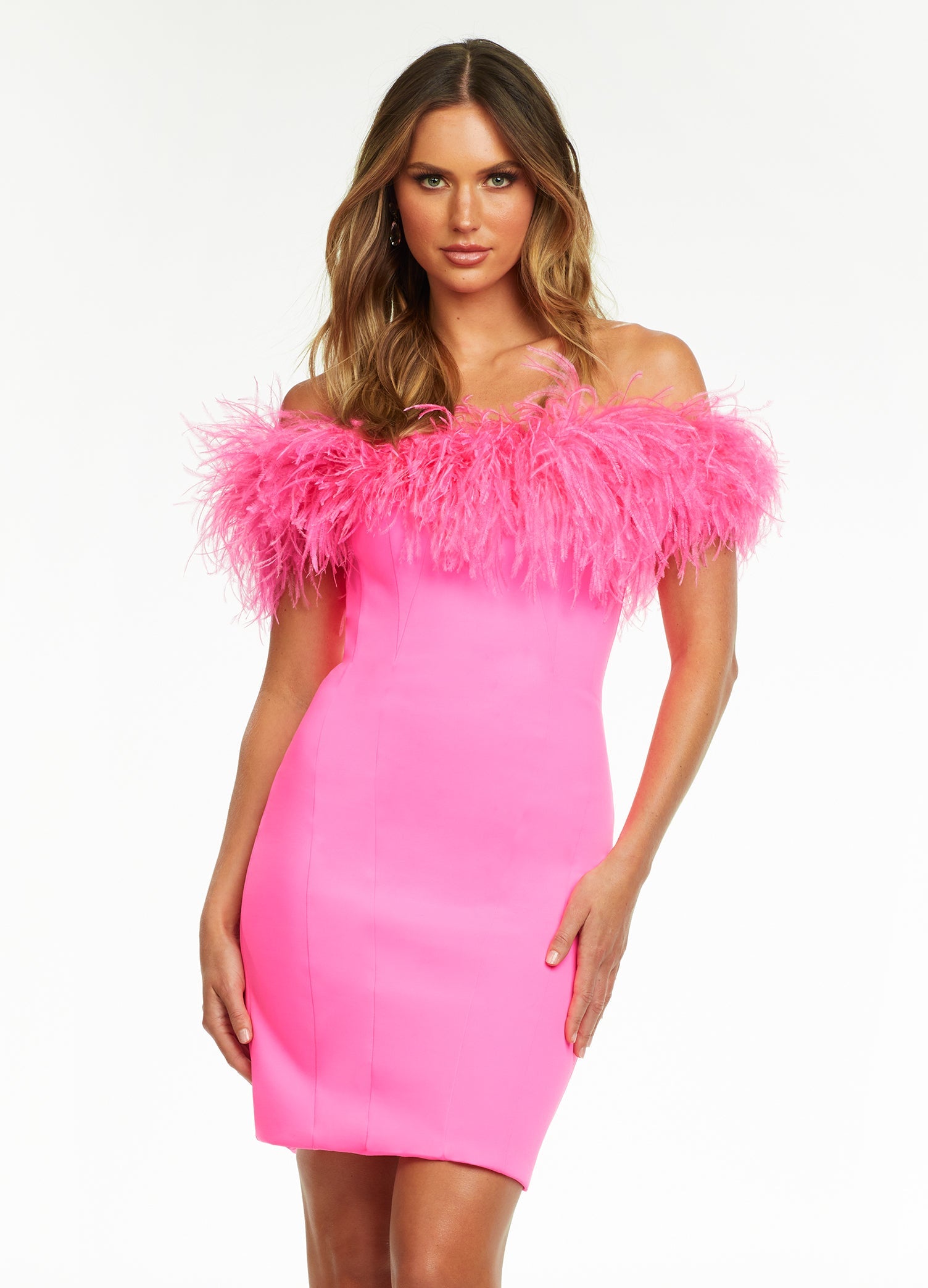 Pink ASHLEYlauren 4490 fitted off shoulder scuba cocktail dress featuring a feather-accented neckline for a chic and elegant look.