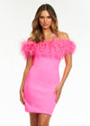Pink ASHLEYlauren 4490 fitted off shoulder scuba cocktail dress featuring a feather-accented neckline for a chic and elegant look.