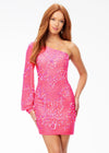 Pink ASHLEYlauren 4497 fully hand-beaded cocktail dress featuring a one shoulder neckline, dramatic bishop sleeve, and fitted skirt for a glamorous and sophisticated look.