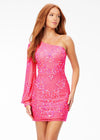 Pink ASHLEYlauren 4497 fully hand-beaded cocktail dress featuring a one shoulder neckline, dramatic bishop sleeve, and fitted skirt for a glamorous and sophisticated look.