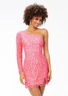 Pink ASHLEYlauren 4498 fitted one shoulder cocktail dress featuring an intricate peacock-inspired sequin bead pattern, single sleeve, and a front left leg slit for a bold and elegant look.