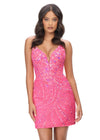 Pink ASHLEYlauren 4500 strapless gown featuring a plunging V-neckline, ornate sequin bead pattern, and striking V-back for a bold and glamorous look.