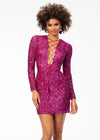 Pink ASHLEYlauren 4512 fully sequin hand-beaded cocktail dress featuring a lace-up bustier, long sleeves, and a fitted skirt for a bold and glamorous look.