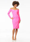 Pink ASHLEYlauren 4514 elegant off shoulder scuba gown featuring long sleeves, a tea-length fitted skirt, high back with exposed zipper, and back center vent for a sophisticated and timeless look.