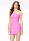 Pink ASHLEYlauren 4516 one shoulder scuba cocktail dress featuring an illusion cut-out at the waistline, left leg slit embellished with crystal detailing, and a sleek, fitted silhouette for a modern and elegant look.