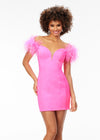 Pink ASHLEYlauren 4523 off shoulder scuba cocktail dress featuring a sweetheart neckline, feather details, and signature contour seaming for a flattering and elegant silhouette.