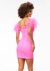 Pink ASHLEYlauren 4523 off shoulder scuba cocktail dress featuring a sweetheart neckline, feather details, and signature contour seaming for a flattering and elegant silhouette. Back