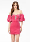 Pink ASHLEYlauren 4525 velvet cocktail dress featuring a crystal-encrusted sweetheart bustier, detachable puff sleeve armbands, and a fitted skirt for a glamorous and versatile look.
